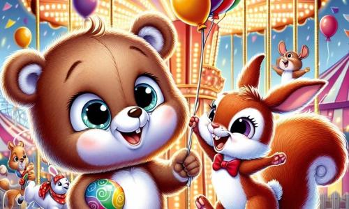 An illustration depicts a small teddy bear with brown fur and sparkling curious eyes, smiling enthusiastically while holding a colorful balloon in one paw, standing in front of a large spinning carousel surrounded by twinkling lights. Next to it, a little red squirrel with a bushy tail jumps for joy, its bright eyes filled with excitement as it reaches out towards the carousel, eager to ride. A white rabbit with big ears and a small red bow tie stands just behind them, laughing and waving its paws in the air, full of energy and cheer. The main setting is a vibrant carnival filled with colorful stalls, string lights, and floating balloons, where children and animals enjoy themselves in a festive atmosphere, with the scents of popcorn and cotton candy in the air. The scene shows the three friends ready to ride the carousel, their faces lit up with joy and excitement, surrounded by other children having fun and laughing. In the background, twinkling lights, festive decorations, and various animals enjoy the attractions, creating a joyful and magical ambiance filled with bright colors and smiles.