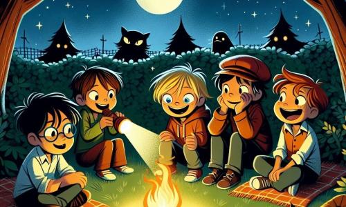 In a nighttime garden, four 11-year-old boys gather around a crackling campfire. Max, with messy brown hair and curious eyes, sits on a blanket looking a bit nervous, watching the dancing shadows. Next to him, Leo, a blond boy with a big smile and glasses, holds a flashlight, illuminating his friends' faces. Sam, with black hair and freckles, crouches down enthusiastically telling a story, gesturing with his arms. Lastly, Jake, with brown hair and a red cap, hides behind a tree, pretending to be scared with a mischievous grin. The setting is a lush garden surrounded by dark trees that stand like mysterious silhouettes under the moonlight. Stars twinkle in the sky, and the campfire casts a warm glow, contrasting with the surrounding darkness. The main scene shows the boys sharing scary stories, their faces lit by the fire, as they confront their fear of the dark, turning the darkness into an adventure filled with laughter and friendship.