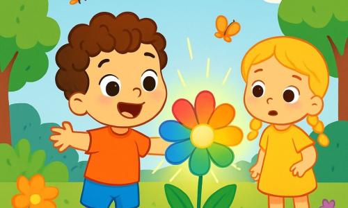 Ein kleiner Junge von 2 Jahren, namens Leo, mit lockigen Haaren und neugierigen Augen, steht vor einer wunderschönen, bunten Blume, die wie ein Regenbogen leuchtet. Er hat ein großes, erstauntes Lächeln auf dem Gesicht, die Arme weit geöffnet, als wollte er die Schönheit der Blume umarmen. Neben ihm steht ein 3-jähriges Mädchen mit goldenen Zöpfen und einem gelben Kleid, das die Szene mit weit aufgerissenen Augen beobachtet, fasziniert von der Magie der Blume. Sie steht ein wenig im Hintergrund, die Hände auf den Hüften, bereit, näher zu kommen. Der Ort ist ein üppiger Garten, gefüllt mit leuchtenden Blumen, großen grünen Bäumen und einem klaren blauen Himmel, der mit flauschigen weißen Wolken bedeckt ist. Bunte Schmetterlinge tanzen um sie herum und bereichern die Schönheit der Landschaft. Die Hauptsituation zeigt Leo, der mit der leuchtenden Blume spricht und aufmerksam ihren verzauberten Worten lauscht, während das kleine Mädchen ihn fasziniert beobachtet und diesen magischen Moment der Entdeckung und Freude teilt.