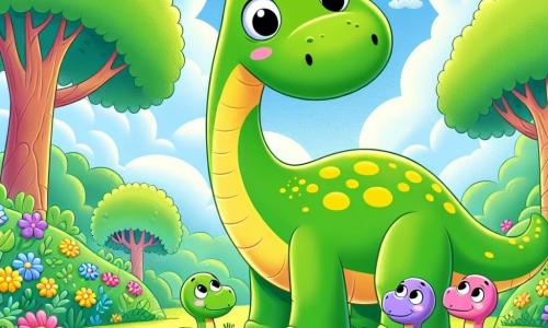 Un gigantesco diplodoco, chiamato Dino, con un lungo collo verde e macchie gialle, guarda con occhi rotondi e preoccupati, in piedi su una collina verdeggiante. Accanto a lui, tre piccoli diplodochi dai colori pastello, con sorrisi curiosi, si stringono insieme, osservando il loro grande fratello. Il paesaggio è pieno di alberi giganti con foglie lussureggianti e fiori dai colori vivaci, sotto un cielo blu chiaro punteggiato di nuvole soffici. Dino, preoccupato, sente un ruggito lontano e si prepara a proteggere la sua famiglia, mentre i piccoli diplodochi rimangono vicino a lui, affascinati e un po' spaventati.