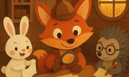 El personaje principal es un pequeño zorro detective de papel, de pelaje rojizo y rostro curioso, en el centro sosteniendo una lupa redonda y ensamblando cuidadosamente un ticket rasgado número 23 sobre una mesa de madera; a la izquierda la conejita Lila, una pequeña liebre blanca de mejillas rosadas, ofrece una servilleta de papel como ayuda; a la derecha el erizo Bruno, gris con gafas redondas de papel, sostiene un bloc de notas y un lápiz recortado, inclinado hacia el ticket; en el fondo la ratoncita Sira, beige y tímida, sostiene una bolsita de tela con migas; el interior es un viejo molino de madera con luz dorada filtrando entre tablones, paredes decoradas con dibujos infantiles y una ventana redonda que muestra un campo de trigo; escena colaborativa y tierna en estilo papel recortado, con sombras suaves, colores cálidos (ocre, rojo, verde tierno) y texturas de cartón superpuestas.
