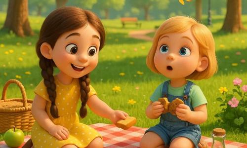 Dos niñas: una de unos 6 años, pelo castaño largo en dos trenzas, vestido amarillo con lunares blancos, sonriente, sentada a la izquierda sobre una manta a cuadros roja y blanca, ofrece un trozo de pan a un pequeño gorrión; otra de unos 5 años, pelo rubio corto con una pinza azul, camiseta verde clara y peto vaquero, sentada a la derecha con una galleta partida y mirada maravillada, observando mariposas. Entorno: parque primaveral luminoso con césped verde, árboles de troncos marrones y hojas verdes claras, flores amarillas y rosas, sendero claro al fondo, algunos nubecillas en cielo azul; la manta está junto a un arbusto florido y se distingue un banco de madera y una farola antigua a lo lejos. Situación: picnic compartido, risas suaves, el gorrión picotea en la manta y mariposas coloridas vuelan alrededor, ambiente cálido con luz solar primaveral y sombras suaves.