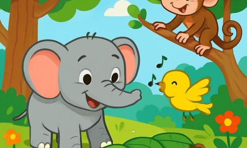 Un elefante feliz, llamado Tico, se encuentra en la orilla de un arroyo brillante, con grandes orejas rosas y una trompa curiosa, mostrando una amplia sonrisa y ojos chispeantes de emoción. A su lado, un pequeño pajarito amarillo, con plumas brillantes, vuela a su alrededor, cantando alegremente, mientras que un mono travieso, con pelaje marrón y ojos pícaros, trepa a una rama justo encima de ellos, listo para ayudar. El escenario es un hermoso bosque verde, lleno de árboles majestuosos con troncos gruesos y flores coloridas que bailan al viento. Tico observa con determinación el puente de hojas que están construyendo juntos para cruzar el arroyo, simbolizando la amistad y la cooperación.