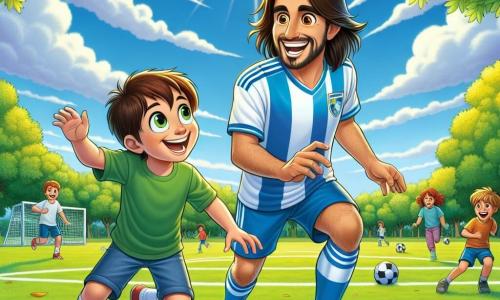 Un hombre, Diego, está en el centro de la imagen, con una gran cabellera castaña y ojos brillantes de alegría. Lleva una camiseta de fútbol azul y blanco, con una gran sonrisa en su rostro, mostrando su entusiasmo mientras dribla un balón de fútbol en el campo. A su lado, un niño de 10 años, Miguel, tiene cabello castaño y gafas redondas. Está tratando de imitar a Diego, con una expresión concentrada y decidida, los brazos extendidos para mantener el equilibrio. El escenario es un campo de fútbol verde, rodeado de árboles con hojas brillantes bajo un cielo azul claro, con nubes blancas esponjosas. A lo lejos, niños juegan y ríen, añadiendo una atmósfera alegre a la escena. La situación principal muestra a Diego enseñándole a Miguel cómo driblar el balón, transmitiendo su pasión por el fútbol, mientras el sol brilla, creando un ambiente cálido y amigable.