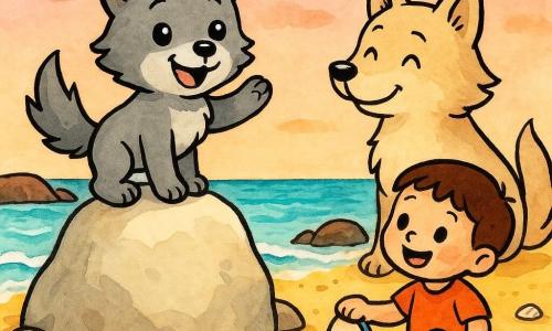 Un pequeño lobo llamado Lúa, pelaje gris y ojos redondos brillantes, sonriente y orgulloso, está encaramado en una gran piedra clara con una pata levantada; detrás, una madre loba de pelaje crema mira con ternura y aplaude; a la derecha, un niño humano de pelo castaño corto, alegre, sentado en la arena ofrece un cubo rojo y una pala azul; playa de arena dorada con conchas blancas, olas turquesa rozando las rocas y cielo rosa pálido al atardecer; escena de la dulce victoria de Lúa, ambiente cálido y seguro, colores vivos, trazos simples y contornos nítidos aptos para niños pequeños.