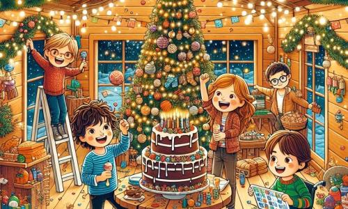En una acogedora cabaña de madera, decorada con guirnaldas luminosas y un gran árbol de Navidad, cuatro amigos se preparan para una fiesta de Año Nuevo. Lucas, un niño de 11 años con cabello castaño desordenado y una gran sonrisa, está en el centro, sosteniendo un enorme pastel de chocolate. A su derecha, Valeria, una niña de 10 años con cabello largo y rubio, está colgando decoraciones de papel de colores del techo. A la izquierda, Mateo, un niño de 11 años con cabello rizado y gafas, ríe mientras lanza bolas de nieve de papel a sus amigos. Finalmente, Andrés, un niño de 12 años con cabello corto y una actitud alegre, está sentado en su silla de ruedas, sosteniendo una tablet con juegos, listo para coordinar las actividades. La cabaña está llena de luces brillantes y un ambiente festivo, con una gran mesa repleta de platos sabrosos y bebidas espumosas. La escena principal muestra a los amigos riendo y divirtiéndose juntos, rodeados de decoraciones coloridas, mientras se preparan para contar regresivamente y dar la bienvenida al nuevo año con sonrisas y risas.
