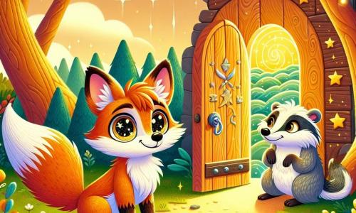A clever fox with sparkling eyes and bright red fur, named Foxglow, stands in front of a small wooden door adorned with wave and star patterns. He expresses curiosity and excitement, with his ears perked up and his tail twitching. Beside him, a wise old badger, Wrenbadger, with gray fur and gentle eyes, observes attentively, a kind smile on his face. He stands slightly back, his paws resting on a small wooden chest, ready to listen to Foxglow. The setting is a sunny glade surrounded by majestic trees with green and golden leaves, with a ground covered in colorful flowers and soft moss. In the center, the small wooden door is partially open, revealing a golden and mysterious glow emanating from the chest. The main scene shows Foxglow, heart racing, holding a silver key in his paw, ready to open the magical chest containing hidden treasures.