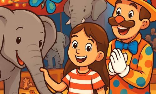 Een 10-jarig meisje, Emma, met lange bruine haren en sprankelende nieuwsgierige ogen, glimlacht vrolijk terwijl ze de slurf van een olifant vasthoudt. Ze draagt een rood-wit gestreept T-shirt en een spijkerbroekshort, staande in het midden van de scène. Naast haar applaudisseert Leo, een man van ongeveer 30 jaar, met een grote snor en een clownshoed, enthousiast gekleed in een kleurrijk stippenkostuum. Max, een kleurrijke vlinder, vliegt boven hen met zijn schitterende blauwe en groene veren die onder het licht glinsteren. De setting is een grote circustent, versierd met lichtslingers en kleurrijke ballonnen, met verwonderde toeschouwers die op houten banken zitten. Op de achtergrond staan majestueuze olifanten trots, omringd door ondeugende eekhoorns die met noten jongleren. De scène toont Emma, Leo en Max die de terugkeer van de olifanten naar het circus vieren, omgeven door een feestelijke sfeer vol vreugde en gelach, terwijl ze zich voorbereiden op een spectaculair nummer.