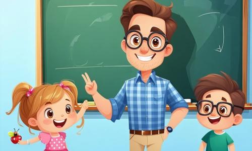 Ein lächelnder Lehrer in den Dreißigern mit unordentlichen braunen Haaren und runden Brillen steht vor einer lebhaften Klasse. Er trägt ein blaues kariertes Hemd und beige Hosen und wirkt enthusiastisch und wohlwollend, mit funkelnden Augen vor Freude. Neben ihm hebt ein 8-jähriges Mädchen, Lila, mit geflochtenen blonden Haaren und einem rosa gepunkteten Kleid, lächelnd die Hand, um gespannt ihre Geschichte über ein farbenfrohes Insekt zu erzählen, das sie gesehen hat. Ein 9-jähriger Junge, Tom, mit Brille und grünem T-Shirt, sitzt auf dem Boden, umgeben von offenen Büchern, und konzentriert sich auf eine Mathematikaufgabe. Die Szene spielt in einem hellen Klassenzimmer mit Wänden, die mit Kinderzeichnungen dekoriert sind, und Regalen voller bunter Bücher. Fenster lassen Sonnenlicht herein, das die fröhlichen Gesichter der Kinder erhellt. Der Lehrer erklärt leidenschaftlich ein mathematisches Konzept, während die Kinder aufmerksam zuhören, einige Notizen machen und andere die Hand heben, um Fragen zu stellen. Die Atmosphäre ist voller Energie und Neugier und zeigt die Liebe zum Lernen und die Magie des Unterrichts.