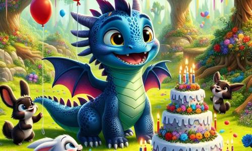 Un pequeño dragón llamado Pipo, con escamas brillantes de azul profundo y grandes ojos amarillos llenos de emoción, se encuentra en el centro de la escena, sonriendo con asombro al descubrir una fiesta de cumpleaños sorpresa. Tiene pequeñas alas y una cola enrollada a su alrededor, mientras mira un enorme pastel de zanahoria decorado con flores coloridas. A su lado, Rufus, un pequeño conejo de grandes orejas y pelaje blanco, salta de alegría, con los ojos brillantes de felicidad, sosteniendo un globo rojo en sus patas. Tula, una linda conejita con manchas marrones en el pelaje, sonríe cálidamente, sosteniendo serpentinas coloridas que flotan en el aire. La escena se desarrolla en un claro encantado, rodeado de árboles majestuosos con hojas verdes brillantes, con flores multicolores que bailan al viento y un cielo azul salpicado de nubes blancas esponjosas. La situación principal muestra a Pipo descubriendo su fiesta de cumpleaños sorpresa, rodeado de sus amigos que lo reciben con gritos de alegría, creando una atmósfera de felicidad y magia.