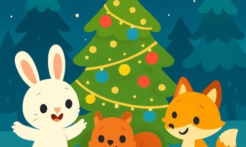 Un pequeño conejito blanco como la nieve, llamado Luno, con grandes orejas y ojos brillantes de alegría, está frente a un gran árbol de Navidad resplandeciente, decorado con luces doradas y bolas de colores. Luno sonríe, con sus pequeñas patas levantadas, listo para celebrar la magia de la noche. A su lado, una adorable ardilla de pelaje rojizo y ojos chispeantes, que sostiene una manzana roja en sus pequeñas patas, irradia felicidad. Un poco más lejos, una bonita zorra de pelaje dorado, con una expresión amigable, deja una nuez bajo el árbol, sumando al espíritu festivo. El decorado es un tranquilo bosque nevado, con copos de nieve cayendo suavemente, árboles majestuosos rodeando el gran pino iluminado, y un cielo estrellado brillando arriba. La escena muestra a Luno y sus amigos reunidos alrededor del árbol, compartiendo risas y dulces, creando una atmósfera cálida y alegre, llena de magia navideña.