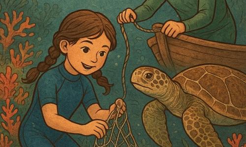 Uma menina de 8 anos, curiosa e sorridente, cabelos castanhos em tranças, veste um pequeno traje de mergulho azul e está ajoelhada debaixo d'água desatando uma rede nos corais; um avô de cerca de 70 anos, cabelos grisalhos e pele levemente bronzeada, em traje verde, ajuda da superfície segurando a corda da rede e apoiado num pequeno barco; uma grande tartaruga marinha calma nada ao lado deles como guia; peixes coloridos e peixes-lanterna iluminam a cena; o recife denso tem corais vermelhos, rosas e laranja, algas e bolhas subindo; uma concha aberta emite um brilho dourado sutil no fundo, criando uma composição subaquática suave com paleta quente, contrastes nítidos e traços texturizados.