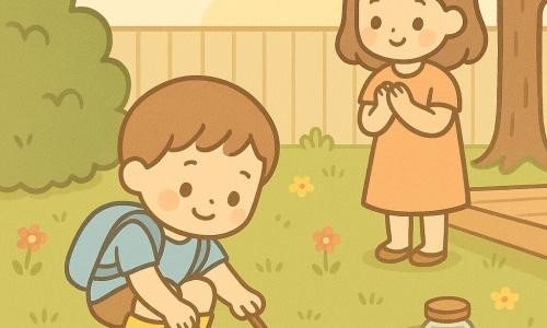A joyful, focused 4-year-old boy in yellow rain boots and a light blue backpack crouches, placing two sticks and a small bowl as a bridge over an ant trail while his smiling, caring mother (about 30–35) watches from a terrace, gently clapping; the backyard has thick green grass, a bush, a tree and a pale wooden fence, and on a striped picnic blanket a small glass jar with a lid holds a shiny cap like a treasure, all bathed in soft late-afternoon light with long shadows and warm colors.