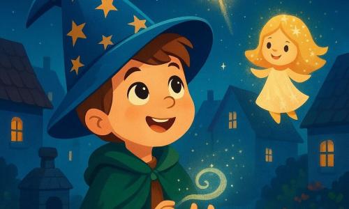 Um jovem garoto, Téo, de cinco anos, é um aprendiz de feiticeiro com olhos brilhantes de curiosidade. Ele usa um chapéu de feiticeiro azul, adornado com estrelas douradas, e um manto de veludo verde que flutua ao seu redor. Seu rosto é iluminado por um sorriso maravilhado, enquanto segura um pequeno fio de luz prateada nas mãos, pronto para descobrir um segredo mágico. Ao seu lado, a Mensageira Estelar, uma pequena criatura luminosa, flutua no ar. Ela tem cabelos brilhantes como estrelas e um rosto sorridente, vestindo um vestido feito de papel da lua. O cenário se passa em um antigo vilarejo, com casas de telhados escuros sob um céu noturno cheio de estrelas brilhantes. Uma leve névoa envolve as ruas de paralelepípedos, e flores coloridas florescem ao redor de um fogão de pedra, adicionando um toque de magia à atmosfera. A cena principal mostra Téo, concentrado e determinado, murmurando uma palavra mágica enquanto olha para o céu. A Mensageira Estelar brilha ao seu lado, enquanto uma estrela cintilante desce lentamente, iluminando o vilarejo com sua luz suave e acolhedora.