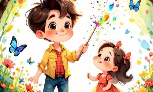 Um menino de 4 anos, chamado Pedrinho, com cabelos castanhos bagunçados e um grande sorriso travesso, segura uma varinha mágica que emite brilhos de cores vivas. Ele está em um jardim ensolarado, cercado por flores coloridas e borboletas que voam ao seu redor, mostrando uma expressão de alegria e encantamento. Ao seu lado, sua melhor amiga Bia, uma menina de 4 anos com cabelos loiros trançados e um chapéu mágico que muda de cor, observa com diversão as borboletas que voam. Ela está sentada na grama, rindo da situação. Dudu, um menino de 4 anos com óculos redondos e uma camiseta listrada, está um pouco afastado, segurando um pote de bolinhos, com uma expressão surpresa enquanto um bolinho cai de seu bolso. Ele está perto de uma árvore, um pouco desajeitado, mas sorrindo. O local é um jardim encantador, cheio de flores vibrantes, árvores majestosas e um céu azul claro, onde a magia parece flutuar no ar. A situação principal mostra Pedrinho tentando usar sua varinha mágica para fazer descer um gatinho chamado Bolinha de um galho de árvore, mas em vez disso, balões coloridos voam ao redor deles, provocando risadas e boa disposição entre os amigos.