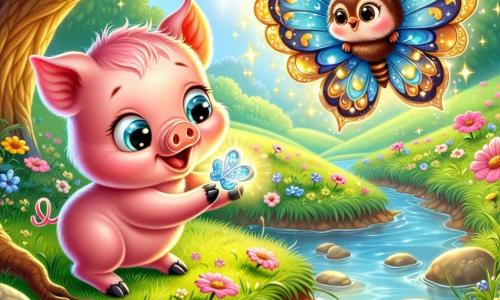 A little pig named Percy, with shiny pink fur and sparkling curious eyes, stands by a stream, looking amazed and joyful, holding his precious shiny pebble in his small paws. Next to him, a lovely butterfly named Bella, with colorful blue and yellow wings, gracefully flies around him, adding a touch of magic to the scene. In the background, a wise owl, with large round eyes and brown feathers, perches on a branch of a large oak, watching the scene attentively. The stream sparkles under the sun, surrounded by brightly colored wildflowers and green grass, creating a joyful and enchanting atmosphere. Percy, delighted to have found his pebble, smiles widely, while Bella dances around him, celebrating their friendship in this idyllic setting.