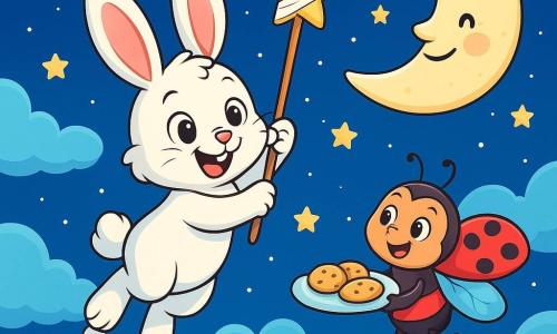 Pippin, a small rabbit with big ears and bright white fur, is hanging in the air, attached to a rope made of clouds. He has a mischievous smile and sparkling eyes, holding a stick with a starry bandage at the end, ready to reach the moon. Nearby, Beanie, a small ladybug with red wings and black spots, floats joyfully, holding a plate of cloud cookies. She looks playfully encouraging, admiring Pippin. In the background, the night sky is filled with twinkling stars and a round, smiling moon, glowing with a soft silver light. Fluffy clouds form a path to the sky, creating a magical and whimsical atmosphere. The scene shows Pippin stretching his stick towards the moon, in a moment of determination and joy, while Beanie encourages him with a bright smile, surrounded by a dreamy and adventurous ambiance.