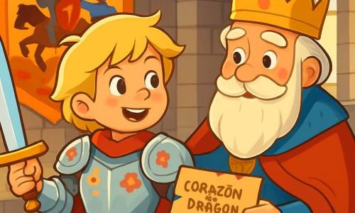 Sir Leo, un joven caballero con un rostro decidido y sonriente, lleva una brillante armadura adornada con motivos de flores. Su cabello rubio ondea al viento mientras sostiene firmemente una espada reluciente, listo para partir a la aventura. A su lado, el rey, un hombre mayor con una larga barba blanca y una corona dorada, mira a Sir Leo con orgullo y esperanza, en la gran sala del castillo. Las paredes de piedra están decoradas con tapices coloridos que representan batallas heroicas, y grandes ventanas dejan entrar la luz del sol. En esta escena, Sir Leo se prepara para buscar el Corazón del Dragón, con un mapa antiguo en la mano, mientras el rey le da sus bendiciones.