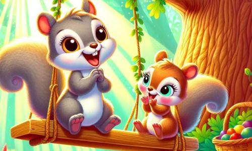 A small gray squirrel, Nutty, with soft fur and sparkling eyes, is sitting on a swing made of branches and vines, laughing joyfully. Next to him, his sister Pippa, a slightly lighter-furred squirrel with rosy cheeks, claps enthusiastically, her eyes shining with excitement. In the background, their mother squirrel, with a warm smile and attentive ears, proudly watches them while holding a basket filled with colorful fruits. The scene takes place under a majestic oak tree, with vibrant green leaves filtering sunlight, creating patterns of light and shadow on the ground. Brightly colored wildflowers surround the tree, adding a touch of magic to the scene. The main focus shows Nutty and Pippa having fun on the swing, laughing and enjoying a beautiful summer day filled with joy and family bonding.