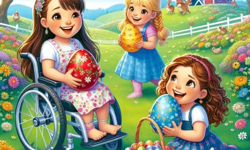 Trei fete vesele, Ana, Maria și Ioana, sunt adunate într-o frumoasă curte de fermă. Ana, o fetiță de 8 ani, se află într-un scaun cu rotile colorat, cu părul lung și brunet și un zâmbet strălucitor. Ea ține un ou roșu decorat cu motive florale. Lângă ea, Maria, o fetiță de 7 ani cu părul blond și împletituri, arată cu mândrie oul ei galben strălucitor. Ioana, o fetiță de 6 ani cu părul castaniu și buclat, este așezată în genunchi, ținând un ou albastru împodobit cu stele mici, cu o privire uimită. Curtea fermei este plină de flori colorate, copaci mari înfloriți și un cer albastru deschis. În fundal, se vede o magazie roșie și iepuri care sar vesel prin iarba verde. Cele trei fete caută o comoară de Paște și tocmai au descoperit un coș mare plin cu ciocolată delicioasă. Ele râd și se bucură de descoperirea lor, creând o atmosferă de bucurie și prietenie.