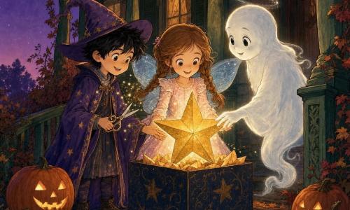 There are three characters: Lucy, about 8, light brown braided hair in a pale pink fairy dress with sky-blue translucent wings, centered and delicately holding a large gold paper star; Max, about 8, messy black hair in a purple wizard coat and pointed hat, standing left of Lucy, smiling and holding scissors with faint sparks; and Glimmer, a small gender-neutral friendly ghost, white vaporous form with a silver halo, floating right of Lucy and touching the star with a translucent hand. In front of Miss Hazel’s house on a dark green painted wooden porch decorated with carved pumpkin garlands and small orange lanterns, red and gold autumn leaves scattered on the steps under a deep violet twilight sky with timid stars. The children and ghost place the shining paper star into a decorated box on the porch; the star emits a warm golden glow that lights their faces, the lanterns, and the pumpkins—intimate composition, joyful expressions, strong ink contrasts and metallic highlights on the star.