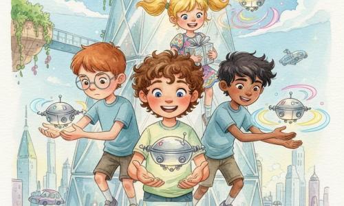 Four children hover just above the entrance of the Crystal Tower — a diamond-cut glass skyscraper with reflective facets, floating gardens and translucent walkways — as they prepare to deliver a sparkling package: Leo, 7, curly brown hair, blue eyes, smiling at center front holding a small silver Hover-Bot; Max, 8, short chestnut hair and round glasses, left of Leo trying to steady his trembling Hover-Bot; Sam, 7, slightly tanned with messy black hair, right of Leo making his Hover-Bot dance in colorful loops; and Zoe, 7, blond braids in a bright dress behind Leo holding the shiny wrapped parcel; the scene is dynamic and warm with soft neon lights, color reflections on glass, flying cars in the background, and a futuristic watercolor atmosphere.