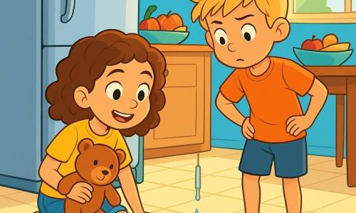 An 8-year-old girl with curly brown hair and sparkling curious eyes is crouching on the kitchen floor, a look of wonder on her face. She is wearing a bright yellow t-shirt and denim shorts, holding a teddy bear named Mr. Snuffles under her arm. Next to her, her 6-year-old brother Max, with messy blonde hair and an intrigued expression, is closely observing the floor with his hands on his hips. The kitchen is bright and welcoming, with light blue walls, a large silver fridge, and a wooden table filled with colorful fruits. A ray of sunlight filters through the window, illuminating a small puddle of water formed on the tiles. The main scene shows Emma and Max investigating a small puddle of water dripping from a pipe behind the fridge, surrounded by towels and a bowl to collect the water. They are focused and ready to solve the mystery of the strange noise that woke them up.