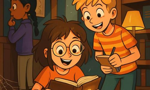 A 12-year-old girl with messy brown hair and round glasses is sitting on the floor of an old library, surrounded by dusty books. Her face shows excitement and curiosity, with sparkling eyes. She holds an old book open on her lap, uncovering an ancient secret. Next to her, a 12-year-old boy with messy blonde hair and a striped t-shirt looks over her shoulder with a knowing smile. He holds a small notebook in his hand, ready to jot down clues. In a corner, an 11-year-old girl with braided black hair and a purple sweater carefully studies an old map on the wall, furrowing her brows as if deciphering a mysterious code. The setting is an ancient library with dark wooden shelves, worn book covers, and soft light lamps creating a warm and intriguing atmosphere. Cobwebs in the corners and rays of light filtering through the windows add a touch of mystery. The main scene shows the three friends engaged in an investigation, discovering an ancient secret hidden in a book, surrounded by an atmosphere of adventure and curiosity, ready to solve the mystery of the missing locket.