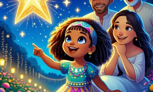 A 6-year-old girl named Layla, with curly, shiny hair, wears a colorful dress adorned with star patterns. She has big, amazed eyes and a radiant smile, joyfully bouncing while looking at a huge, sparkling star in the night sky. Next to her, her father, a middle-aged man with a soft beard and glasses, smiles proudly while holding her hand, while her mother, a warm-faced woman with long hair, watches them tenderly with her arms crossed. The setting is a peaceful garden filled with vibrant flowers and twinkling lights under a starry sky where the mysterious star shines brightly. The main scene shows Layla, in awe, pointing at the bright star, while her parents encourage her with expressions of joy and love.
