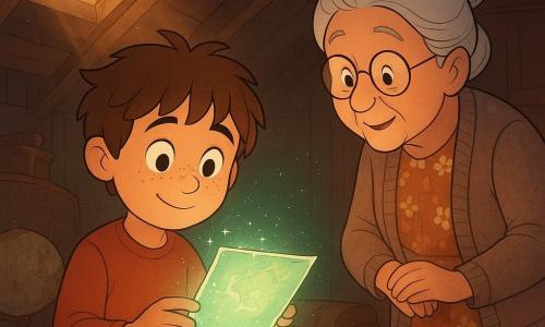 An 8-year-old boy with a round, freckled face, messy brown hair, wide amazed eyes and a shy smile holds a small open wooden box revealing a sparkling mint-green map with silver glints that lights his face; a grandmother (about 70) with gray hair in a soft bun, round glasses, a floral dress and knitted cardigan stands on the lower step, leaning forward with a benevolent, surprised expression watching him; the cluttered attic has dark wooden beams, dusty trunks, a cracked globe, skylight rays and visible dust motes; the box has a brass latch and a sticker reading FOR A BRAVE FINDER; calm magical atmosphere, warm browns and ochres contrasted by the cool map glow, clear 2D cartoon style with clean lines and soft expressive textures.