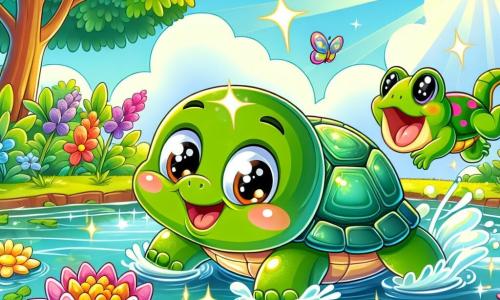 An illustration depicts a small turtle with a shiny green shell sparkling under the sun. It has large curious eyes and a joyful smile, swimming enthusiastically in the clear water of a pond. Nearby, a green frog, cheerful and playful, jumps on the lily pads, its eyes sparkling with mischief, seemingly encouraging the turtle in its adventure. The main setting is a sunny pond surrounded by colorful flowers and tall trees with lush green leaves. Sunlight filters through the branches, creating shimmering reflections on the water's surface. The main scene shows the turtle leaving the pond to explore the outside world, full of excitement and curiosity. Other graphic elements include colorful butterflies flying around the turtle, shimmering water reflections, and a joyful, bright atmosphere that evokes the spirit of adventure and discovery.