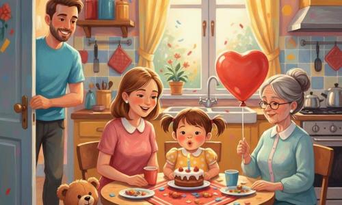 Fetiță de 2 ani, veselă, suflând o lumânare pe un tort aflat în centrul mesei; păr scurt castaniu în coadă, rochiță galbenă cu buline albe, mama (~30 ani) cu păr castaniu și șorț cu flori stă în spatele scaunului și ține blând tortul, tata (~32 ani) cu barbă scurtă și tricou albastru deschide ușa zâmbind la stânga, bunica (~65 ani) cu păr gri în coc și rochie pastel ține un balon roșu la dreapta, ursulețul de pluș Pufi, maro cu fundă roșie, stă pe un scaun lângă fetiță, bucătărie luminoasă, masă din lemn deschis cu față de masă în dungi roșii și albe, confetti și bomboane, fereastră cu perdele galbene, atmosferă caldă de sărbătoare cu culori vii.