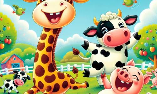 Uma girafa alegre chamada Gigi, com um longo pescoço manchado de marrom e amarelo, está no centro da cena, sorrindo e dançando, com suas patas alongadas levantadas no ar. À sua direita, uma vaca risonha chamada Lúcia, com pelagem preta e branca, faz piruetas, suas grandes orelhas caídas vibrando de excitação. À sua esquerda, um pequeno porquinho chamado Tico, com pele rosa e olhos brilhantes, desliza no chão lamacento, rindo alto enquanto tenta cantar. Ao fundo, uma fazenda colorida com campos verdes, árvores frutíferas e um céu azul salpicado de nuvens brancas cria uma atmosfera alegre e ensolarada. A cena mostra Gigi, Lúcia e Tico em plena festa, dançando e rindo juntos, cercados por outros animais divertidos, celebrando sua amizade em um ambiente festivo e lúdico.