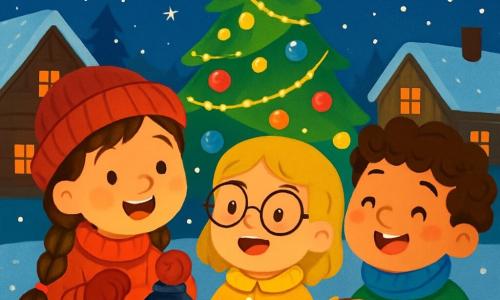 Há 3 personagens: Clara, uma menina de 6 anos com longos cabelos castanhos trançados, vestindo um casaco vermelho vivo e um gorro de lã combinando, segurando uma lanterna que brilha suavemente na noite; Miguel, um menino de 6 anos com cabelos cacheados e bochechas rosadas, usando um cachecol azul e uma jaqueta verde, balançando um pequeno pandeiro enquanto sorri; e Lúcia, uma menina de 6 anos com cabelos loiros e óculos redondos, vestindo um casaco amarelo e segurando uma vela em um copo decorado, ao lado de Clara, olhando para o céu estrelado. O cenário é uma charmosa praça de vila, cercada por casas de madeira com telhados cobertos de neve brilhante, com um grande pinheiro de Natal no centro, decorado com luzes e bolas coloridas, iluminando a cena com uma suave luz dourada. Os três amigos estão cantando juntos, seus rostos iluminados pela luz da lanterna de Clara, cercados por flocos de neve que dançam no ar, seus sorrisos alegres transmitindo a calor e a magia do Natal.
