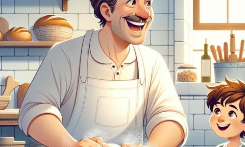 Um padeiro alegre, um homem de meia-idade com um grande sorriso, cabelos castanhos levemente desgrenhados e um avental branco, está amassando uma massa de pão em uma cozinha luminosa e acolhedora. Seus olhos brilham de entusiasmo enquanto ele dança levemente enquanto amassa a massa. Ao lado dele, um garoto de oito anos chamado Tomás, com cabelos castanhos e olhos brilhantes, observa com fascínio. Ele usa um pequeno avental azul e segura uma bola de massa, pronto para tentar amassar também. Tomás está em cima de um pequeno banquinho para alcançar a mesa de trabalho. A cena acontece em uma padaria aconchegante, com paredes de tijolos claros e prateleiras cheias de pães dourados e doces coloridos. O sol entra pela janela, iluminando a farinha que dança no ar. O padeiro e Tomás estão criando pão juntos, compartilhando risadas e segredos da padaria, enquanto a massa começa a tomar forma sob suas mãos.