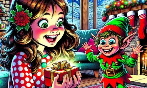Uma menina de 10 anos, Clara, com longos cabelos castanhos e olhos brilhantes de curiosidade, está sentada no tapete macio da sala, um grande sorriso iluminando seu rosto. Ela usa um pijama vermelho com bolinhas brancas e segura em suas mãos uma pequena caixa dourada, cheia de empolgação e admiração. Ao lado dela, um duende travesso chamado Lutinus, com pele verde, orelhas pontudas e um chapéu vermelho vivo, faz piruetas no ar, seus olhos brilhando de travessura. Ele veste roupas coloridas, adornadas com sininhos que tilintam alegremente a cada movimento. A sala está decorada para o Natal, com uma grande lareira de pedra, meias vermelhas penduradas e uma árvore brilhante de luzes e bolas coloridas. Flocos de neve caem suavemente do lado de fora, criando uma atmosfera mágica. Clara e Lutinus compartilham um momento de alegria, Clara rindo alto enquanto Lutinus executa uma dança cômica, cercados por decorações festivas e uma atmosfera acolhedora e encantada.