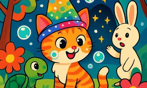 Mino, eine kleine Katze mit funkelnden Augen und gestreiftem orange-weißem Fell, trägt eine große, bunte Mütze, die strahlt. Sie hat ein schelmisches Lächeln, umgeben von Seifenblasen, die um sie herum schweben. Neben ihr schaut Tilly, eine grüne, glänzende Schildkröte, Mino mit einem amüsierten Ausdruck an, ihre runden, neugierigen Augen sind groß. Hops, ein Kaninchen mit großen Ohren und weißem Fell, steht etwas im Hintergrund, überrascht, mit einer erhobenen Pfote, als ob es gleich springen würde. Die Szene spielt vor einer geheimnisvollen Höhle, die von funkelnden Lichtern erleuchtet wird, umgeben von bunten Bäumen mit mehrfarbigen Blättern und riesigen Blumen. Die Atmosphäre ist fröhlich und magisch, erfüllt von Lachen und Seifenblasen, während Mino und ihre Freunde sich auf das Abenteuer in der Höhle freuen.