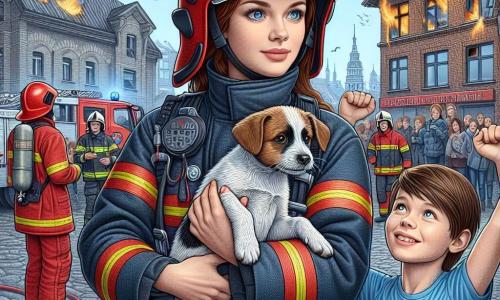 O tânără pompier, Ana, stă mândră în centrul imaginii, îmbrăcată într-un uniform roșu aprins, cu o cască strălucitoare pe cap. Fața ei exprimă o determinare și un curaj neclintit, în timp ce ține în brațe un câine mic tremurând, privindu-l cu tandrețe. La dreapta ei, un băiat de zece ani, Andrei, cu părul brunet și ochi strălucitori, o observă cu admirație. El poartă un tricou albastru și o pereche de pantaloni scurți, ridicând brațele în semn de încurajare, arătându-și entuziasmul de a deveni și el pompier. În fundal, un oraș în flăcări se conturează, cu flăcări într-o veche casă de cărămidă, în timp ce nori de fum gri se ridică în cerul albastru. Pompierii se agită în jur, iar curioșii se adună, îngrijorați dar fascinați de acțiune. Scena ilustrează momentul în care Ana tocmai a salvat câinele dintr-o clădire în flăcări, reprezentând un moment de bravură și solidaritate, unde curajul și empatia se întâlnesc pentru a face diferența.