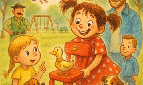 Niña de 6 años, feliz y traviesa, ojos avellana, pelo castaño en coletas algo despeinadas, vestido rojo con lunares blancos, sostiene una pequeña silla roja de plástico contra el pecho y la coloca en el centro del parque; un hombre adulto (padre, 30–40 años) con barba corta y chaqueta azul claro la mira con sonrisa tierna, ligeramente atrás a su derecha; otra niña de ~6 años con coletas rubias y falda amarilla está a la izquierda de la silla, levanta un dedo como proponiendo una idea; un perrito de orejas redondas y marrones sentado cerca mira curioso con la lengua fuera; un patito con mini bufanda amarilla, posado en la silla, hace pose orgullosa; una paloma reina de plumaje grisáceo con una ramita como corona vuela al fondo haciendo un leve reverencia; un guardaparques moustachado (40–50 años) con chaleco verde y silbato, manos en la cadera, sonríe junto a un árbol; el parque muestra una esplanada de césped con camino de grava clara, columpios de madera al fondo, árboles de hojas redondeadas, dos bancos verdes, luz suave de atardecer y pequeñas motas brillantes como purpurina alrededor de la silla; situación principal: la pequeña silla roja en el centro actúa como escenario miniatura donde niños y animales inventan ideas disparatadas, composición central, colores vivos y contrastados, trazos de lápiz de color visibles, atmósfera absurda y alegre.