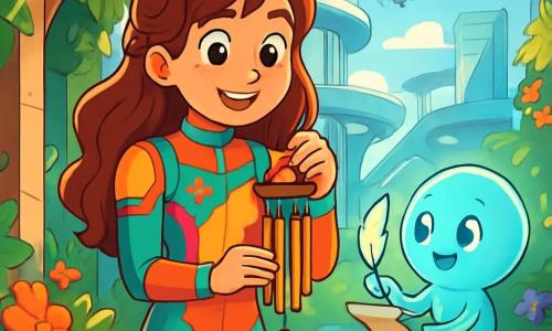 Una ragazza di 12 anni, di nome Luna, con lunghi capelli ondulati e occhi pieni di curiosità, si trova al centro dell'immagine, sorridente e meravigliata. Indossa una tuta futuristica dai colori vivaci, decorata con motivi floreali, e tiene in mano un antico carillon che emette una dolce melodia. Accanto a lei, un piccolo avatar luminoso di nome Spark, fluttua gioiosamente, ha una forma rotonda e occhi brillanti, mentre prende appunti con una penna virtuale. Lo sfondo è un giardino pensile in una città futuristica, con passerelle di vetro e edifici in acciaio scintillante, circondati da piante lussureggianti e fiori colorati. Droni volano nel cielo blu, aggiungendo un tocco di tecnologia a questo paesaggio incantevole. La scena mostra Luna e Spark che scoprono un antico carillon nascosto in una stanza segreta, mentre i raggi di sole filtrano tra le foglie, creando un'atmosfera magica e accogliente.