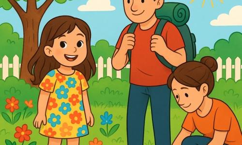 Ein 6-jähriges Mädchen mit langen braunen Haaren und neugierigen Augen steht in einem sonnigen Garten und lächelt breit. Sie trägt ein buntes Blumenkleid und gelbe Gummistiefel, bereit für ein Abenteuer. Neben ihr steht ihr Papa, ein Mann in den Dreißigern mit zerzausten Haaren und einem warmen Lächeln, der einen großen Rucksack trägt und aufmerksam den Garten beobachtet, als würde er nach etwas suchen. Etwas weiter entfernt hockt ihre Mama, eine lächelnde Frau in den Dreißigern mit braunen, hochgesteckten Haaren, und untersucht konzentriert den Boden. Der Garten ist voller bunten Blumen, einem großen Baum mit glänzend grünen Blättern und einer kleinen Sandkiste mit einem alten Eimer und einer Schaufel. Im Hintergrund grenzt ein weiß gestrichener Holzzaun das Gelände ab. Die kleine Tochter und ihre Eltern sind auf der Suche nach einem versteckten Schatz und durchkämmen fröhlich den Garten mit Lachen und enthusiastischen Gesten, was eine abenteuerliche und entdeckungsfreudige Atmosphäre schafft.