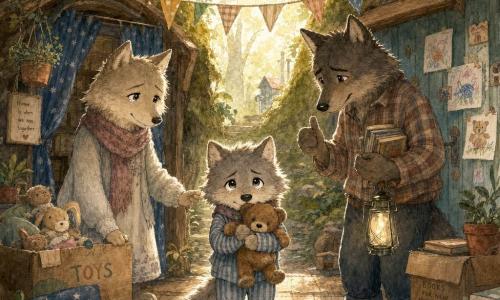 Personagem principal: pequeno lobo antropomórfico de pêlo cinzento macio, olhos grandes e brilhantes, expressão triste e corajosa, segurando um ursinho de peluche gasto contra o peito, vestido com pijama riscado azul, parado na entrada. Mãe: loba de pêlo bege claro, sorriso suave e olhos levemente úmidos, com cachecol tricotado, à esquerda junto a uma porta com cortinas azuis, mão sobre uma caixa de brinquedos. Pai: lobo maior de pêlo castanho escuro, olhar terno e reservado, camisa xadrez, à direita junto a outra porta decorada, segurando uma pequena lanterna e livros, gesto de incentivo. Local: clareira na floresta com duas pequenas moradias geminadas, chão de tábuas, caixas de mudança, bandeirolas, almofadas e plantas, luz dourada de fim de tarde filtrando pelas árvores. Situação: criança entre as duas casas, hesitante mas com o ursinho, cena íntima e emotiva em tons pastéis e textura aquarela, composição centrada no lobo.
