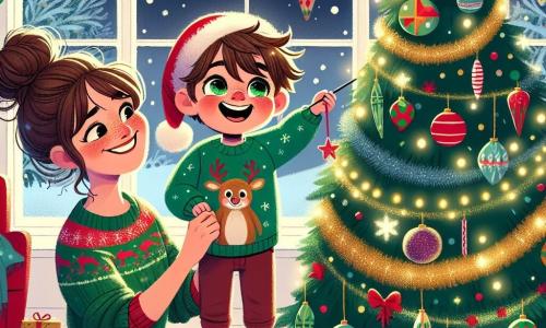 A 3-year-old boy named Sammy, with messy brown hair and sparkling eyes, is wearing a red Christmas hat and a green sweater with a reindeer. He is decorating a large Christmas tree, hanging shimmering garlands and colorful ornaments, his face glowing with excitement and happiness. Next to him, his mom, a woman in her thirties with her brown hair in a bun and a warm smile, helps him by holding a box of ornaments. She looks at Sammy with affection, sharing this magical moment together. The setting is a cozy living room filled with twinkling lights and Christmas decorations. A large tree stands in the center, surrounded by colorful gifts, while snowflakes gently fall outside through a lit window. The main scene shows Sammy and his mom decorating the tree, creating a festive and joyful atmosphere full of laughter and Christmas magic.