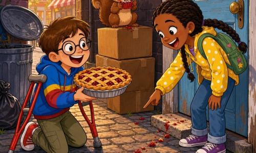 Three characters: a kneeling 10-year-old boy with short brown hair, round glasses, colorful clothes and red crutches, holding a cherry pie and smiling broadly; a standing 9-year-old girl with long braided hair, a yellow polka-dot jacket and green backpack, leaning forward and pointing at a trail of crumbs with a mischievous expression; and a small fluffy brown squirrel perched on a stack of cardboard boxes at the back, holding a tiny scrap of red pie paper with red crumbs around its mouth. Setting: a cobbled alley behind a bakery with stacked boxes and flour sacks labeled “Boulangerie,” a light blue wooden door to the left, an open metal bin and warm late-afternoon light. Main situation: the children have discovered the pie-stealing squirrel—bright colors, visible red crumb trail from the bakery door to the boxes, joyful atmosphere and exaggerated expressions.