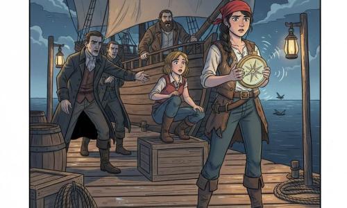 Mara is a 19-year-old determined, worried quartermaster with furrowed brows, a red scarf, black braid, worn jacket and boots, holding a vibrating brass compass; Juno, about 18, lively and surprised, crouches on a crate to Mara's left, eyeing the compass; Captain Rook, ~45, bulky and concerned, stands on the sloop's stern behind Mara, hand on the rail, shouting toward the dock; two men in long coats are threatening pirates—Captain Vex, about 35 and tall, reaches for the compass while the other hangs back in the dock's shadow; night dock with wet planks, coiled ropes, stacked barrels, oil lamps casting warm pools amid cool moonlight, silhouetted gulls and dark water reflections; main situation: tense confrontation as Mara protects a magical compass from pirates while her captain watches from the ship and her friend supports her from a crate; graphic style: soft colors, clear contrasts, rounded lines, readable expressions, detailed wood and metal textures, slightly mysterious child-friendly nighttime mood.