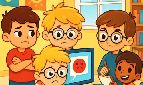 There are 4 children: Max: An 8-year-old boy with shiny brown hair and a big smile. He wears a red t-shirt and blue shorts. He stands on the left, arms crossed, looking worried. Theo: An 8-year-old boy with messy blonde hair and round glasses. He wears a striped shirt and green pants. He is in the center, looking at the computer screen with curiosity. Sam: An 8-year-old boy with brown hair and large glasses. He wears a blue sweater and jeans. He is on the right, holding a pencil and a sketchbook, looking thoughtful. Riley: An 8-year-old boy with black hair and a big smile. He uses a wheelchair with blue wheels. He is slightly behind, smiling and encouraging his friends. The setting is a bright classroom with yellow-painted walls and windows letting in sunlight. Colorful posters about the importance of friendship and kindness decorate the walls. Computers are lined up on wooden desks, and brightly covered books are stacked on shelves. The main situation shows the four friends gathered around a computer, where a message of cyberbullying appears on the screen. The children's faces express sadness and concern, while Riley, with his encouraging smile, tries to lift his friends' spirits.