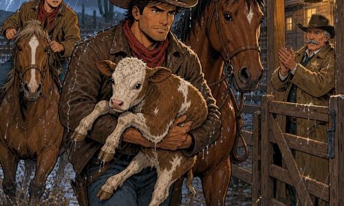 Tom, etwa 30–35, sonnengebräunt, kantiges Gesicht, entschlossener, wohlwollender Ausdruck, Cowboyhut, abgenutzte Lederjacke, rotes Halstuch, schlammige Stiefel, hält ein zitterndes Kalb und stapft durch den Matsch; Billy, etwa 16, kurzer blondes Haar, besorgt aber mutig, sitzt zu Pferd hinter Tom und lenkt Richtung Corral; Sheriff Miller, ~50, kräftig mit grauem Schnurrbart, nasser Regenmantel, steht am Corraltor, von Laternenlicht beleuchtet, erleichtert und klatschend; Dusty, Toms dunkelbraunes Pferd mit zerzauster Mähne und tropfendem Fell, neben Tom bereit das Kalb zu tragen; wildes Pinto-Wildpferd etwas zurückhaltend, stolz und ruhig; Szene: hölzerner, regenverglänzender Corral, schlammiger Boden mit Pfützen, Ranchhaus und Zäune im Hintergrund, niedriger wolkiger Himmel mit entfernten Blitzen, warme Laternenbeleuchtung kontrastiert mit blau-grauem Abend, dramatische, zugleich beruhigende Rettungsszene im Regen, dynamische Bewegungen und starke Mimik, Fokus auf Tom und dem Kalb.