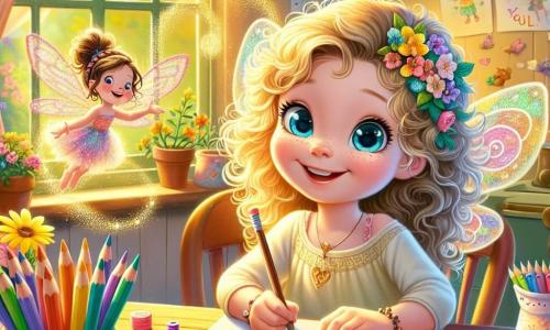 A 5-year-old girl named Lily, with sparkling blue eyes and curly blonde hair, is sitting at a wooden table, a radiant smile on her face. She is surrounded by colored pencils and colorful papers, creating a magical letter for her mom. Next to her, a little fairy named Tilly, with shimmering multicolored wings and a dress made of flower petals, joyfully flies around Lily, adding a touch of magic to the scene. The setting is a warm kitchen bathed in golden light, with potted flowers on the windowsill and children's drawings hanging on the wall. The main focus shows Lily and Tilly creating a letter for Mother's Day, with colorful words floating in the air around them, symbolizing the love and magic of this special moment.
