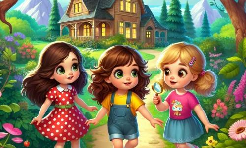 Três meninas de três anos, Ana, Bia e Clara, estão em plena aventura. Ana, com cabelos castanhos e olhos brilhantes, usa um vestido vermelho com bolinhas e segura uma pequena lupa. Bia, com cabelos loiros e cacheados, veste uma camiseta amarela e um short de jeans, apontando para um caminho misterioso. Clara, com cabelos castanhos e uma pequena trança, usa uma saia azul e uma camiseta rosa, olhando com curiosidade para uma pequena chave brilhante que encontrou. O cenário é um parque encantado, repleto de árvores majestosas, flores coloridas e um caminho estreito cercado de arbustos. Ao longe, uma pequena casa de madeira, escondida atrás de flores silvestres, parece esperar para ser explorada. As três amigas estão diante da casa, prontas para descobrir o tesouro escondido dentro. Elas estão animadas e curiosas, se perguntando o que a chave pode abrir. A atmosfera é cheia de mistério e aventura, com um céu azul claro e nuvens fofas.