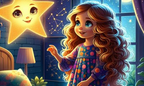 Uma menina de 6 anos, chamada Lila, está diante de sua janela, com os olhos brilhando de admiração. Ela tem longos cabelos cacheados, de um castanho dourado, e usa um vestido colorido adornado com flores. Seu rosto ilumina-se com um sorriso curioso, enquanto estende a mão em direção ao céu estrelado, como se quisesse tocar as estrelas. Ao seu lado, uma estrela brilhante, personificada com um rosto sorridente e olhos cintilantes, flutua no ar. A estrela é de um amarelo radiante, com raios cintilantes que iluminam o quarto. Ela parece falar com Lila, compartilhando segredos do céu. A cena se passa no quarto de Lila, decorado com pôsteres de constelações e bichinhos de pelúcia. A luz da lua filtra pela janela, criando uma atmosfera mágica e relaxante. Lila, maravilhada, ouve atentamente a estrela que lhe conta histórias sobre a busca da verdadeira felicidade e sabedoria, enquanto uma brisa suave faz dançar as cortinas da janela.